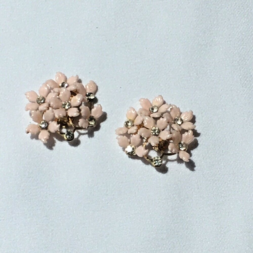 Vintage Coro  Clip On Earrings Pink Cluster Floral Flower Pedals  Rhinestones
